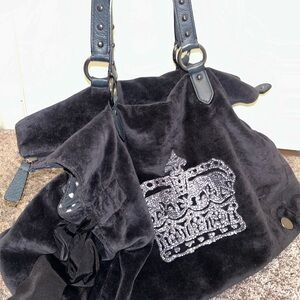 Juicy Couture Black Velour Shoulder Bag with crown